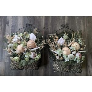 2 Coastal Seashell Floral Baskets Free Standing Wall Home Beach Nautical Decor